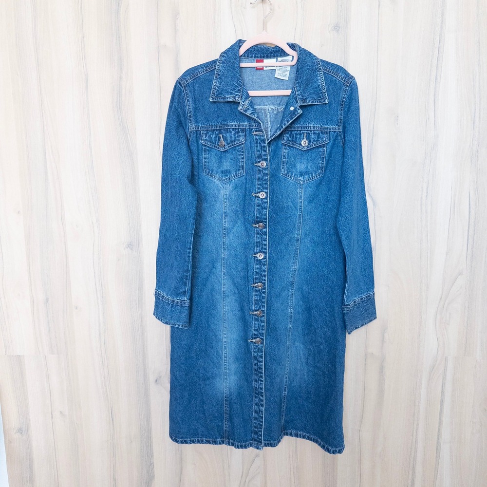 Vintage Womens Denim Dress Large Blue Button Front Long Sleeve Western Boho 90s